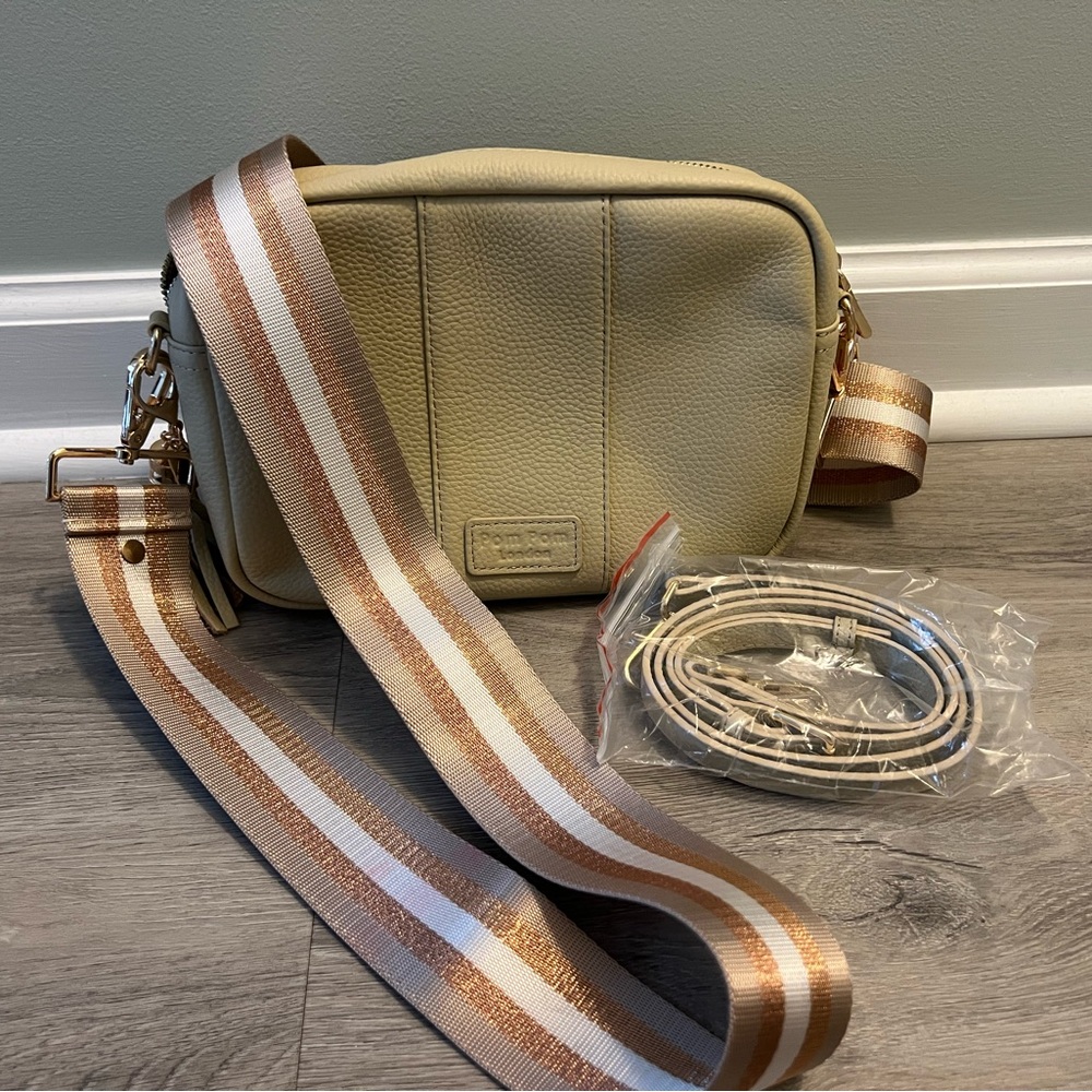 Beige Crossbody Bag with Striped Strap
